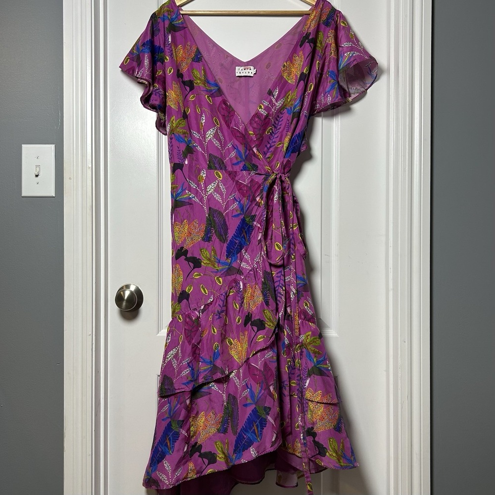 Tanya Taylor Magenta Tropical Print Ruffle Hem Wrap Midi Dress Resort Chic Style